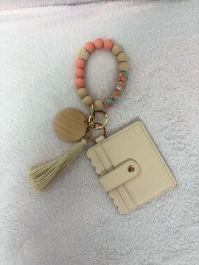 Bumble Bead Handcrafted Wristlet Keychain Cream Card Holder and Coral Accents